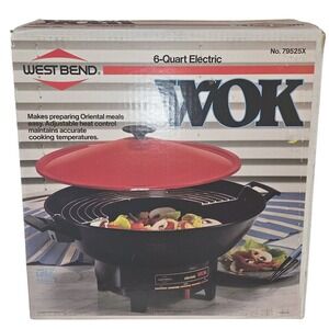 West Bend 6 Quart Electric Wok 79525X 90s Red Lid Non-Stick Fry Pan Vintage USA